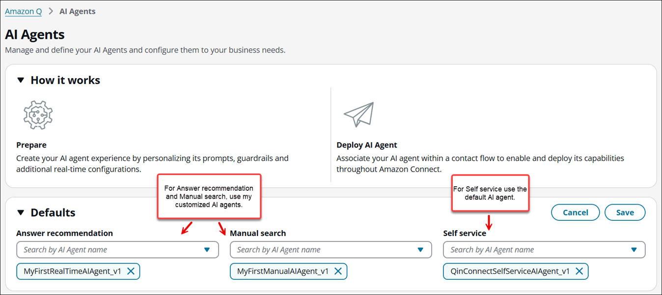 為 Amazon Q in Connect 體驗指定的預設 AI 代理器。