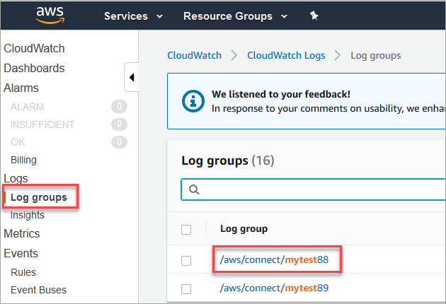Amazon CloudWatch 主控台、日誌群組、/aws/connect/mytest88 和 mytest89。