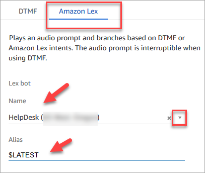 Amazon Lex 索引標籤，機器人的名稱和別名。