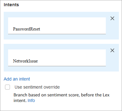 意圖區段、PasswordReset 意圖和 NetworkIssue 意圖。