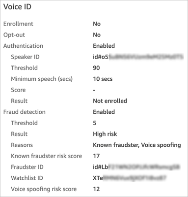 聯絡人記錄的語音 ID 區段,顯示身分驗證結果、詐騙者偵測狀態、詐騙者 ID 和監視清單 ID 欄位。