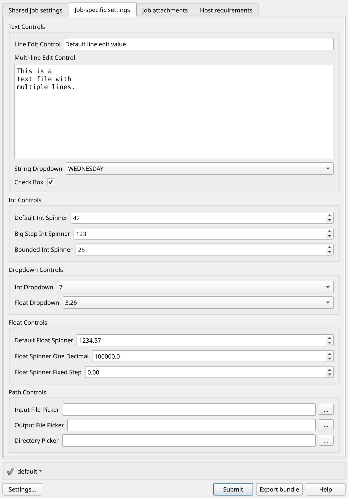 gui_control_showcase 套件的任務特定設定索引標籤，顯示依類型分組產生的控制項。