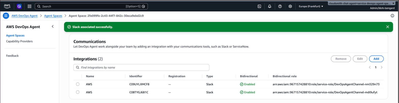 通訊頁面顯示兩個與雙向啟用和 IAM 角色 ARNs Slack 整合。