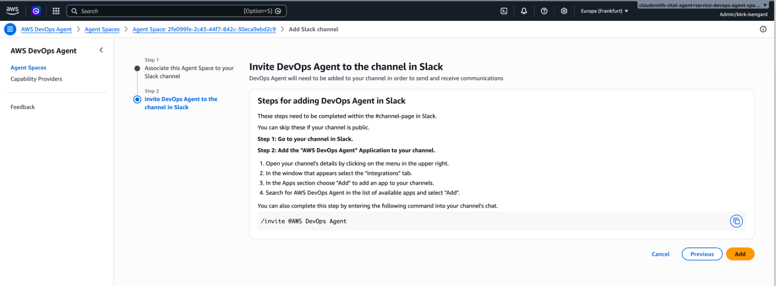 新增 Slack 頻道精靈的步驟 2，顯示邀請 DevOps 代理程式指示和新增按鈕以完成關聯。