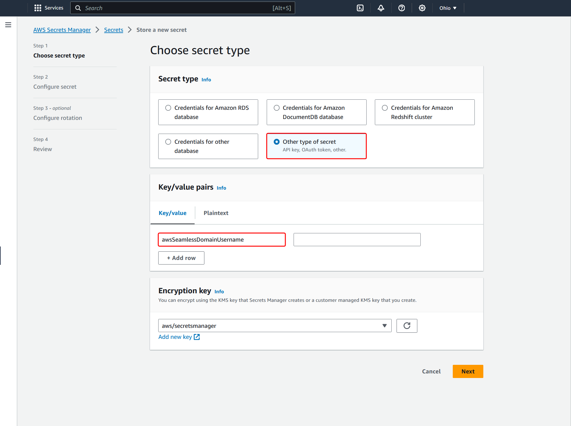 在 AWS Secrets Manager 主控台的 中，選擇秘密類型頁面。其他類型的秘密是在秘密類型下選取awsSeamlessDomainUsername，並輸入 做為索引鍵值。