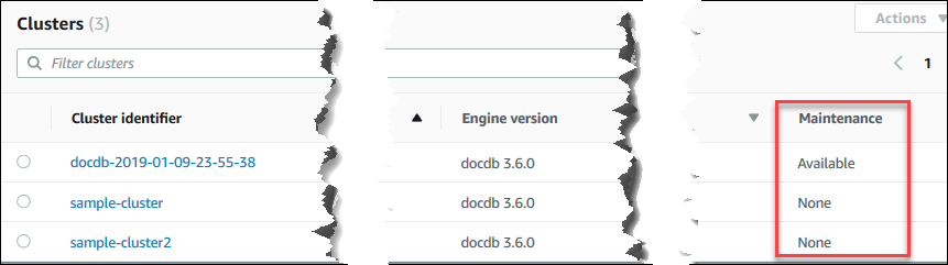 主控台螢幕擷取畫面，顯示 Amazon DocumentDB 叢集維護欄位。