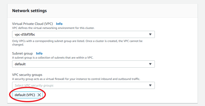 顯示已新增預設 VPC 的網路設定表單。
