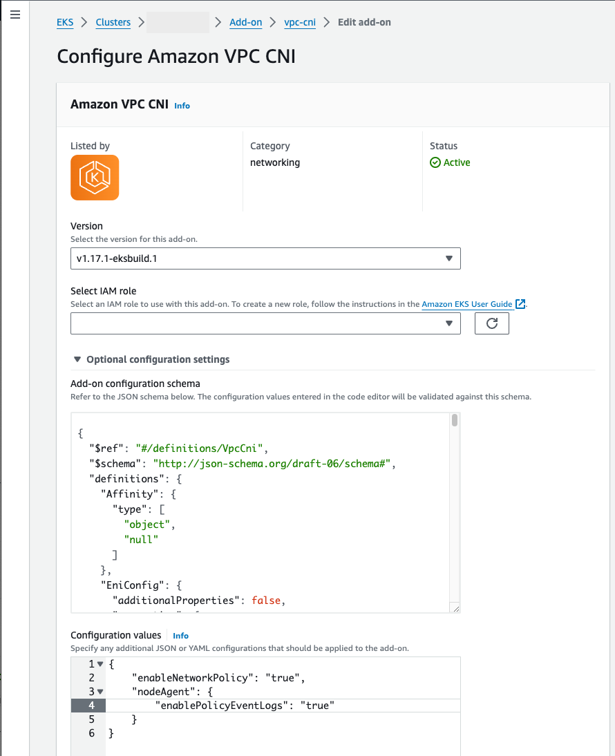 <shared id="consolelong"/>，顯示選用組態中具有網路政策和 CloudWatch Logs 的 VPC CNI 附加元件。
