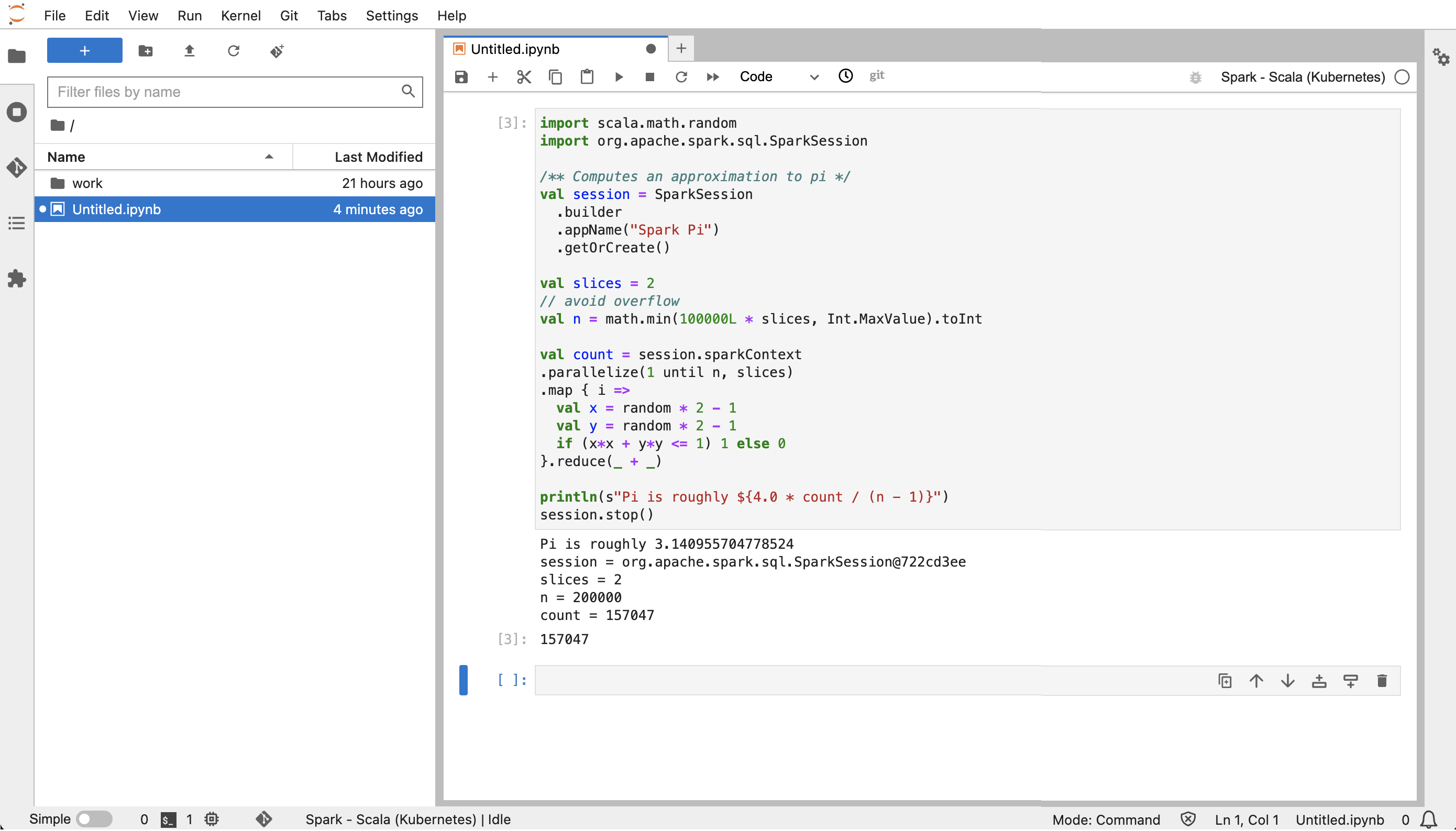 JupyterLab 中 Scala 筆記本程式碼範例的熒幕擷取畫面。