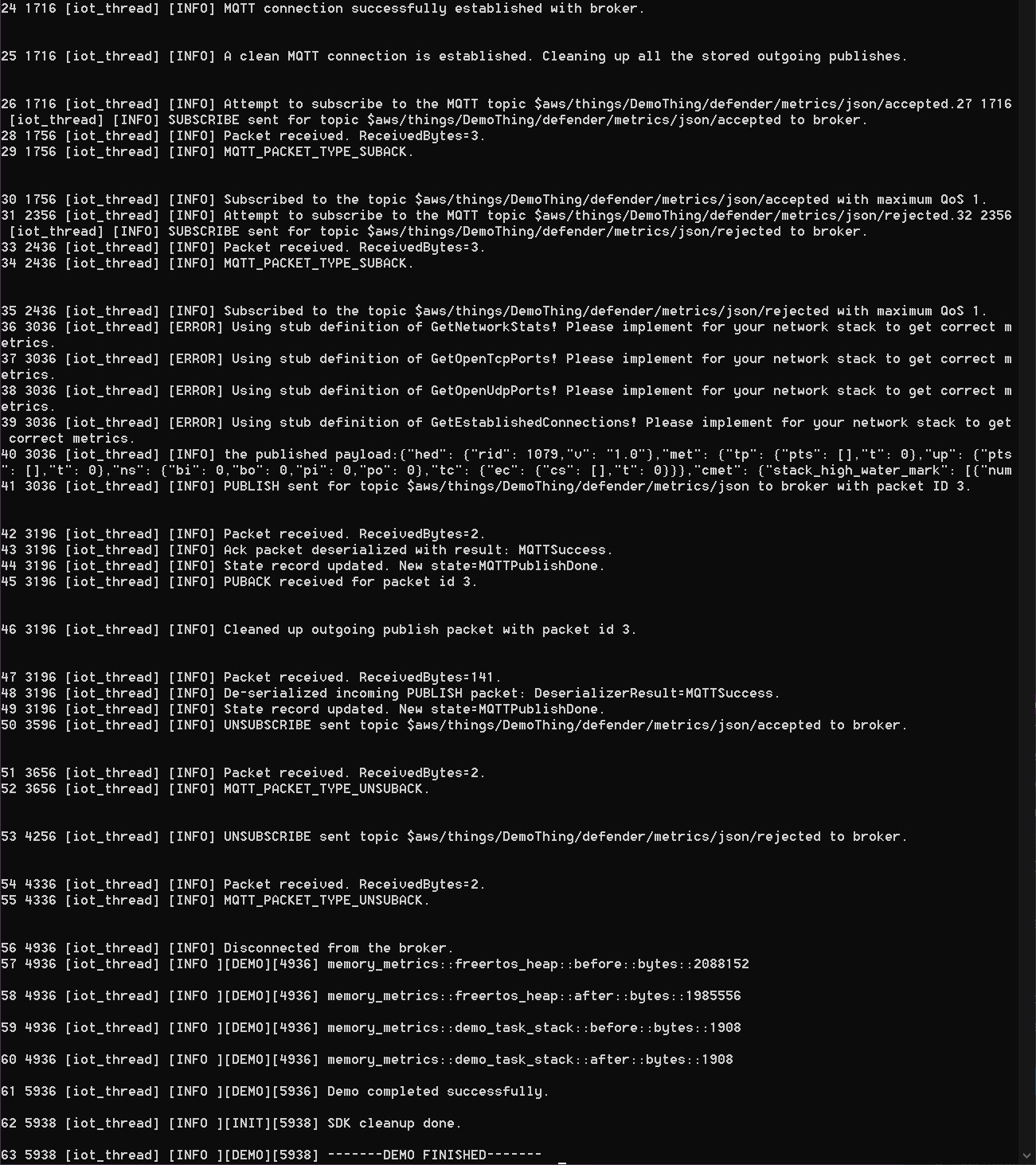 日誌訊息顯示示範應用程式的 MQTT 連線建立、主題訂閱嘗試、發佈承載和封包處理。