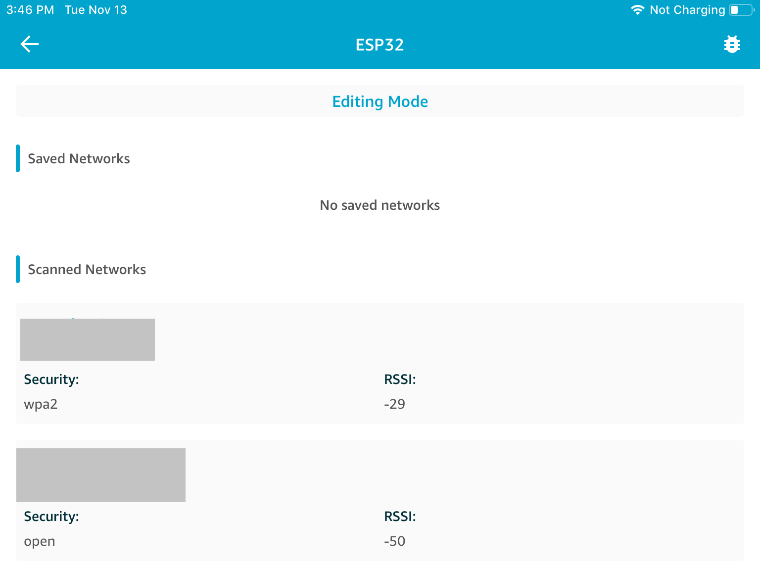 ESP32 裝置管理界面顯示沒有儲存的網路，兩個掃描的開放式 Wi-Fi 網路，一個 WPA2 安全且 RSSI 為 -29，另一個 安全開放且 RSSI 為 -50。