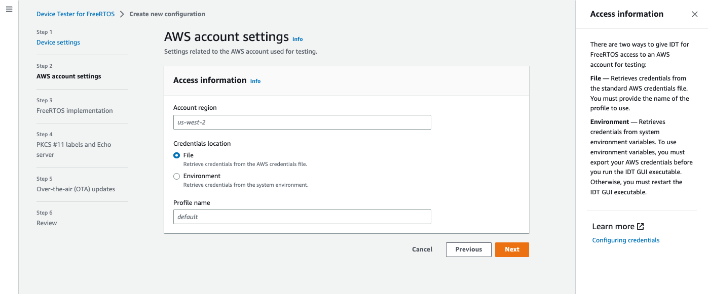 AWS 帳戶 設定頁面，其中包含帳戶區域的欄位、檔案或環境的登入資料位置，以及設定檔名稱