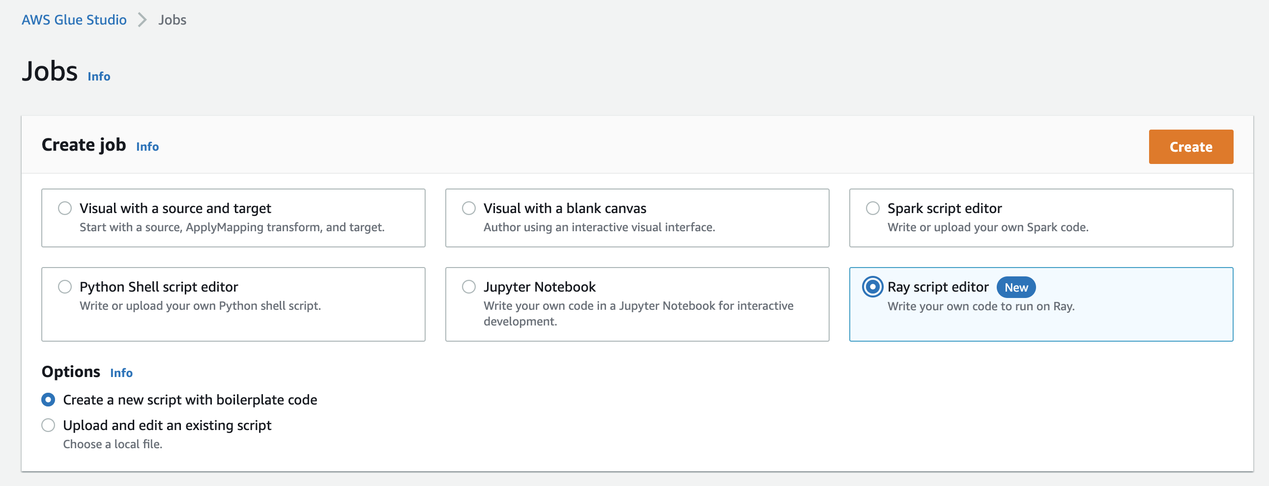 中的任務頁面， AWS Glue Studio 並選取 Ray 指令碼編輯器選項。