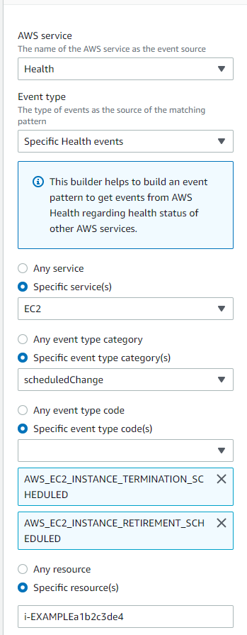 僅針對特定 Amazon EC2 事件建立 EventBridge 規則。