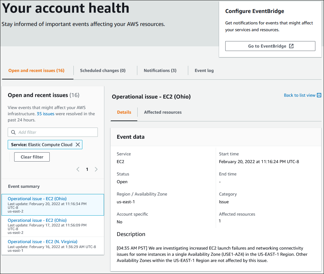 主控台中您帳戶事件的 AWS Health 螢幕擷取畫面。