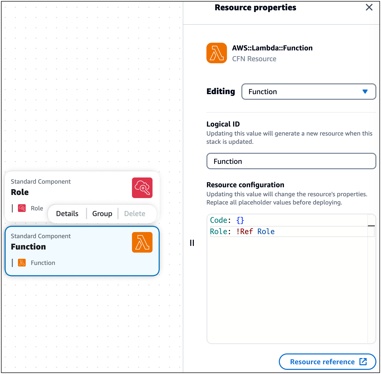 AWS::Lambda::Function 標準元件卡的資源屬性面板。