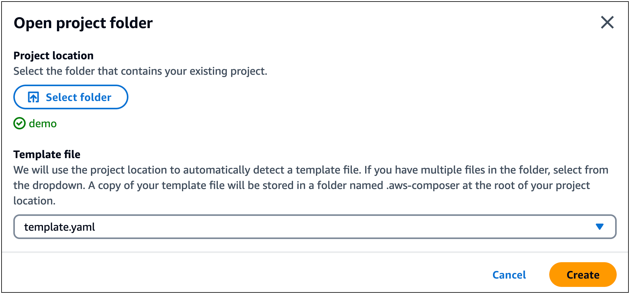 已選取 Infrastructure Composer Open 專案資料夾視窗，並已選取 Create 準備。