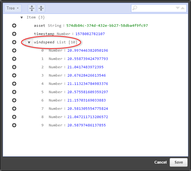 DynamoDB「編輯資料表列」面板螢幕擷取畫面。
