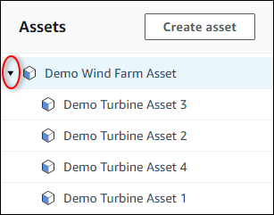 AWS IoT SiteWise "Demo Wind Farm Asset" 階層螢幕擷取畫面。