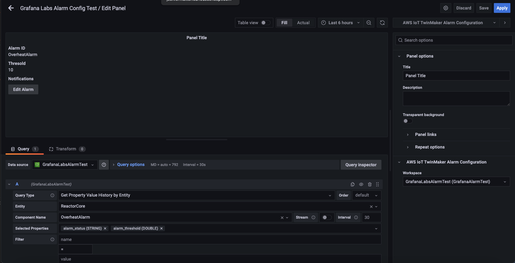Grafana 實驗室警示組態測試/編輯面板，其中已填入完整組態。