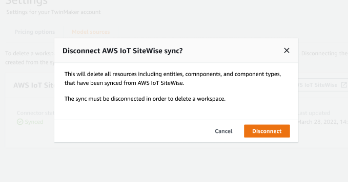 Disconnect AWS IoT SiteWise 同步對話方塊具有取消或中斷同步任務的按鈕。