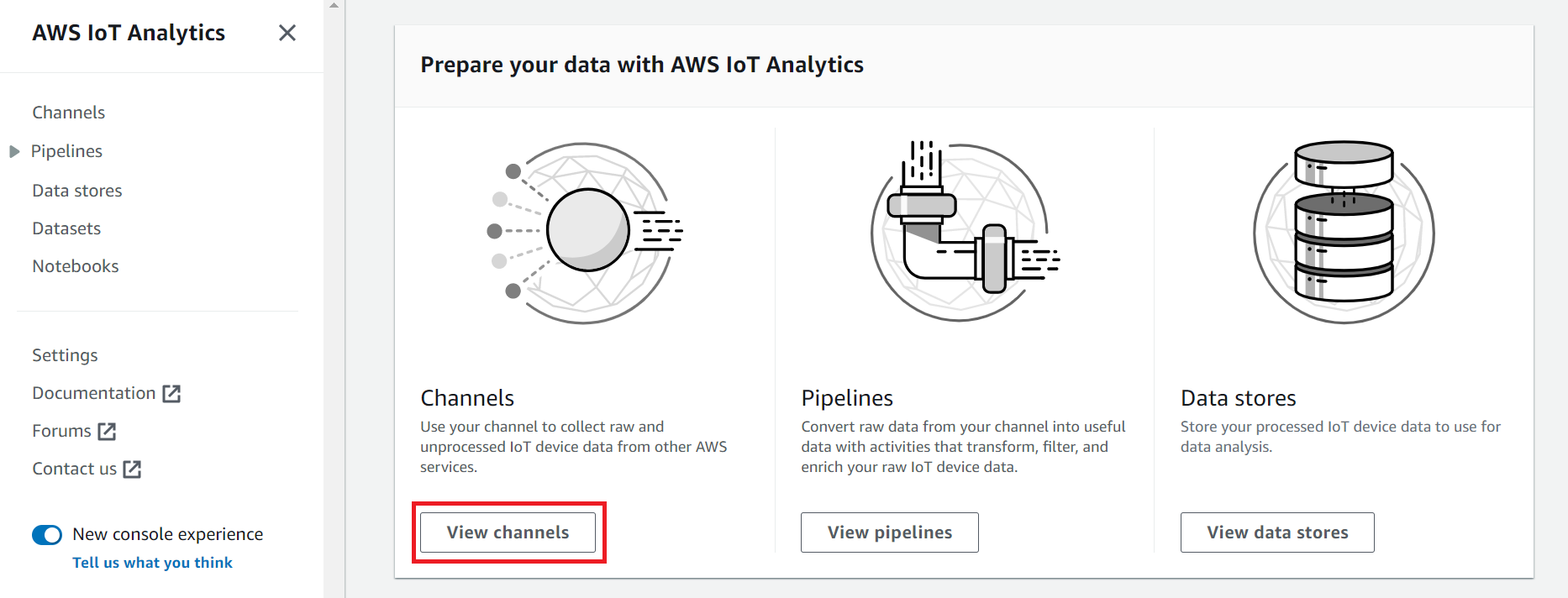 「使用 準備資料的螢幕擷取畫面 AWS IoT Analytics」。