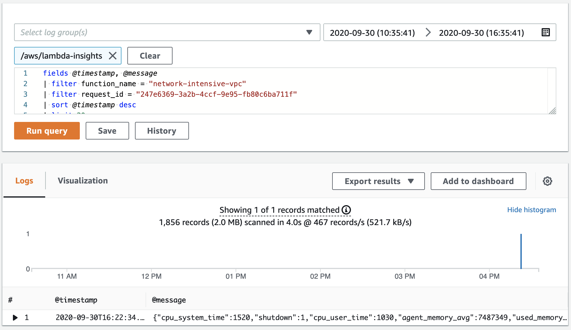 查詢 Logs Insights 儀表板中選取的函數。