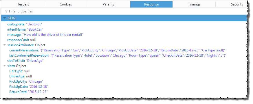 JSON 回應顯示預訂汽車的意圖，以及引發驅動程式存留期插槽的訊息。