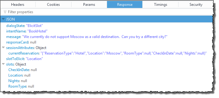 JSON 回應包含對話方塊狀態、意圖名稱、訊息、回應卡、工作階段屬性、引出槽和槽。