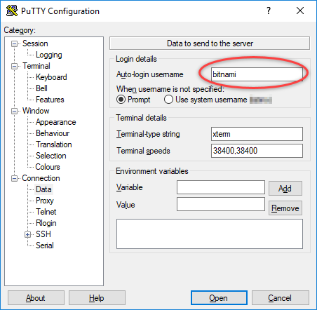 在 PuTTY 中的執行個體使用者名稱。