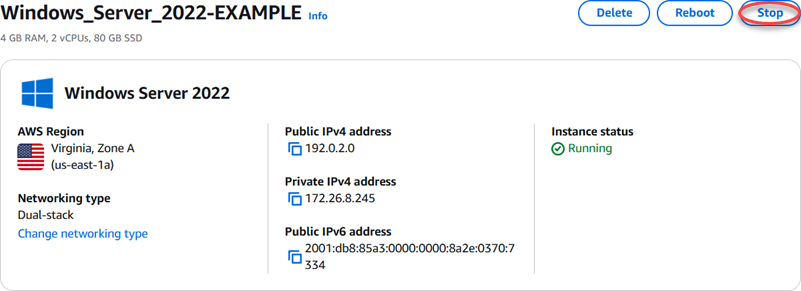 在建立快照前停止 Windows Server 執行個體。