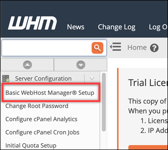 導覽窗格中的基本 WebHost Manager 設定選項。