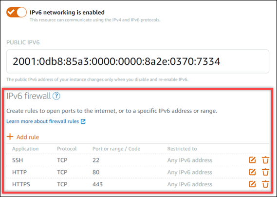 Lightsail 主控台中的執行個體 IPv6 防火牆。