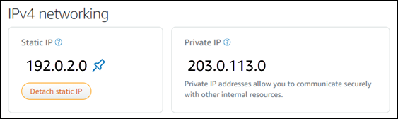 執行個體管理頁面之網路索引標籤中的執行個體靜態 IP 地址。
