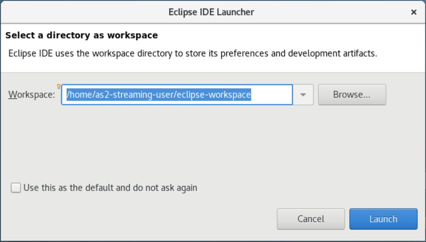 AppStream 2.0 中的 Blu Age Eclipse IDE 啟動器。已選取工作區。