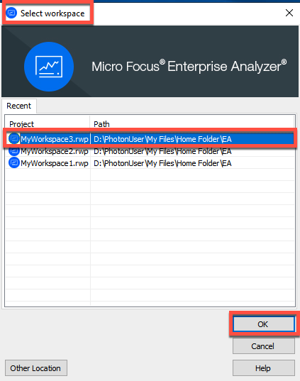 選取專案時 Rocket Enterprise Analyzer 管理工具的選取工作區對話方塊。