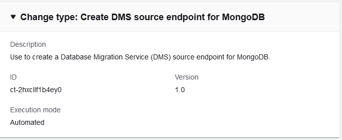 變更 type details for creating a DMS source endpoint for MongoDB, including ID and version.