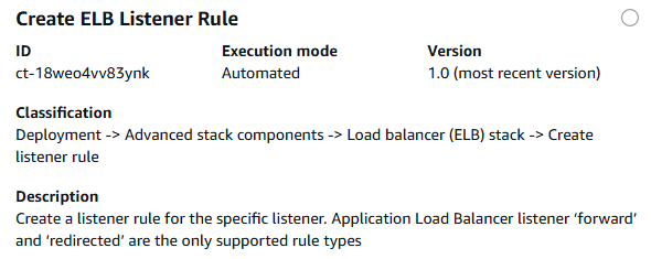 AMS 進階主控台、建立 RFC 區段、ct-18weo4v83ynk 的變更類型詳細資訊方塊：建立 ELB 接聽程式規則。