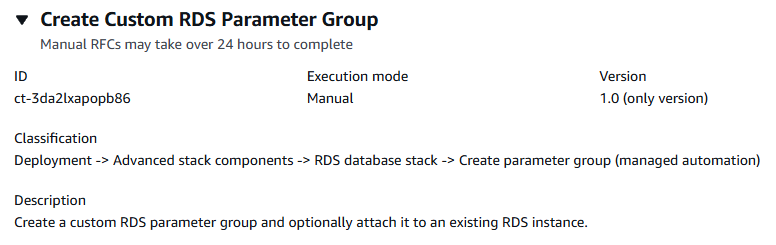 Console interface showing Create Custom RDS Parameter Group with manual execution mode.