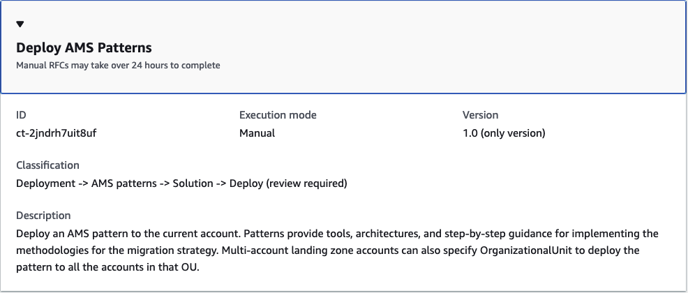 Deploy AMS Patterns interface showing ID, execution mode, version, and description details.