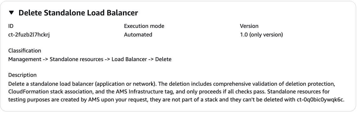 AMS Advanced 主控台，建立 RFC 區段，變更 ct-2fuzb2l7hckrj 的類型詳細資訊方塊：刪除獨立負載平衡器。