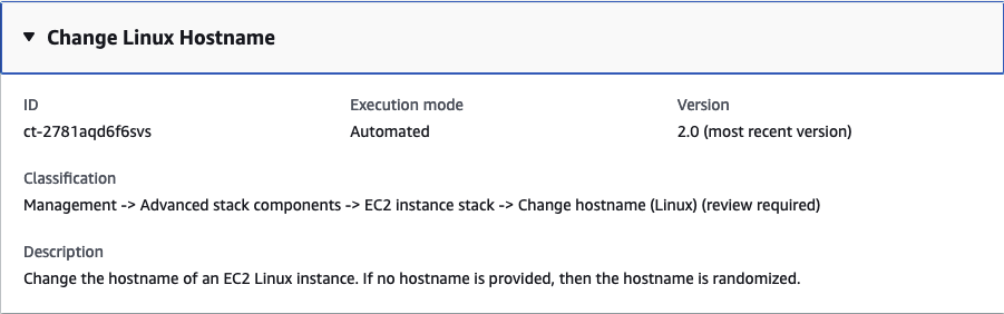 變更 Linux Hostname interface showing ID, execution mode, version, and description.