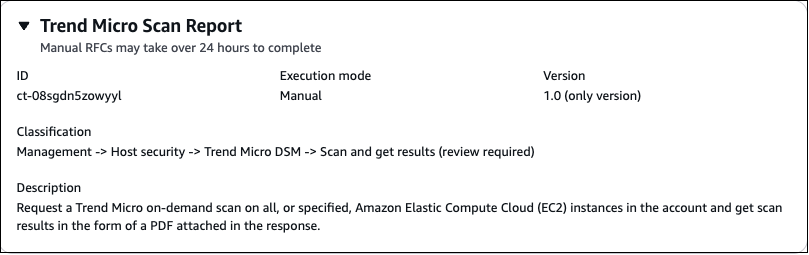 AMS Advanced 主控台、建立 RFC 區段、ct-08sgdn5zowyyl 的變更類型詳細資訊方塊：Trend Micro 掃描 （需要檢閱）。