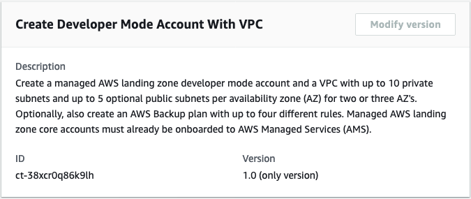 AWS console interface showing details for creating a developer mode account with VPC.