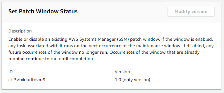 AWS Systems Manager patch window status settings with description, ID, and version.
