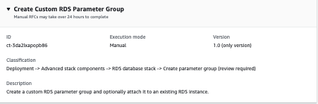 Console interface showing Create Custom RDS Parameter Group with manual execution mode.
