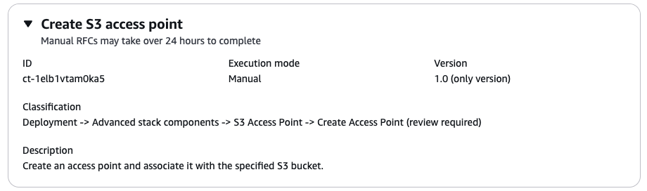 變更 type details for creating an S3 access point, including ID, execution mode, and classification.