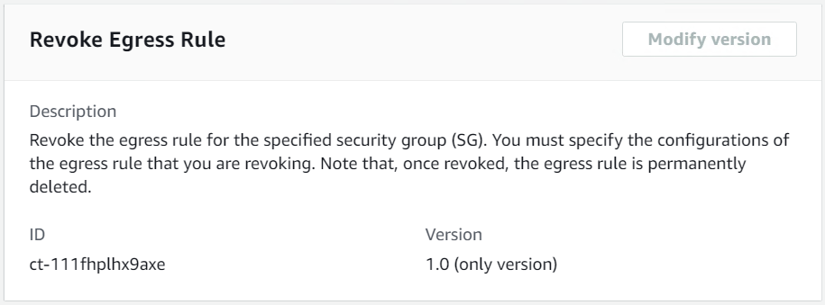 Revoke Egress Rule interface showing description, ID, and version for a security group rule.
