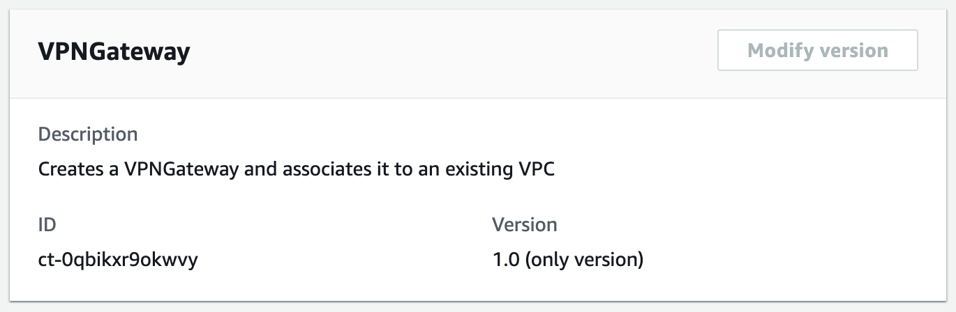 VPNGateway details showing description, ID, and version for creating and associating with a VPC.