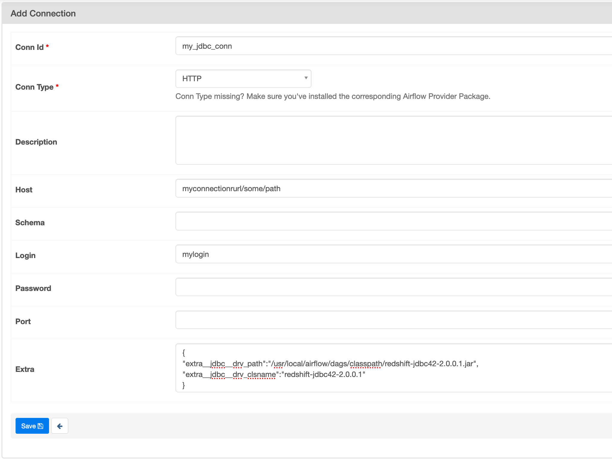 此影像顯示 Apache Airflow UI 中 Jdbc 連線的 HTTP 連線類型。
